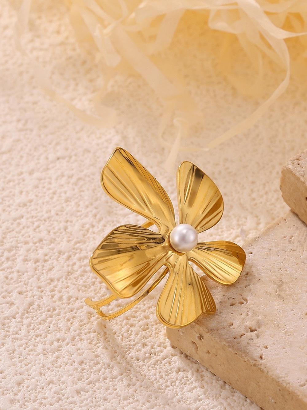 Gold Flower Ring with Pearl Center - Women Jewelry